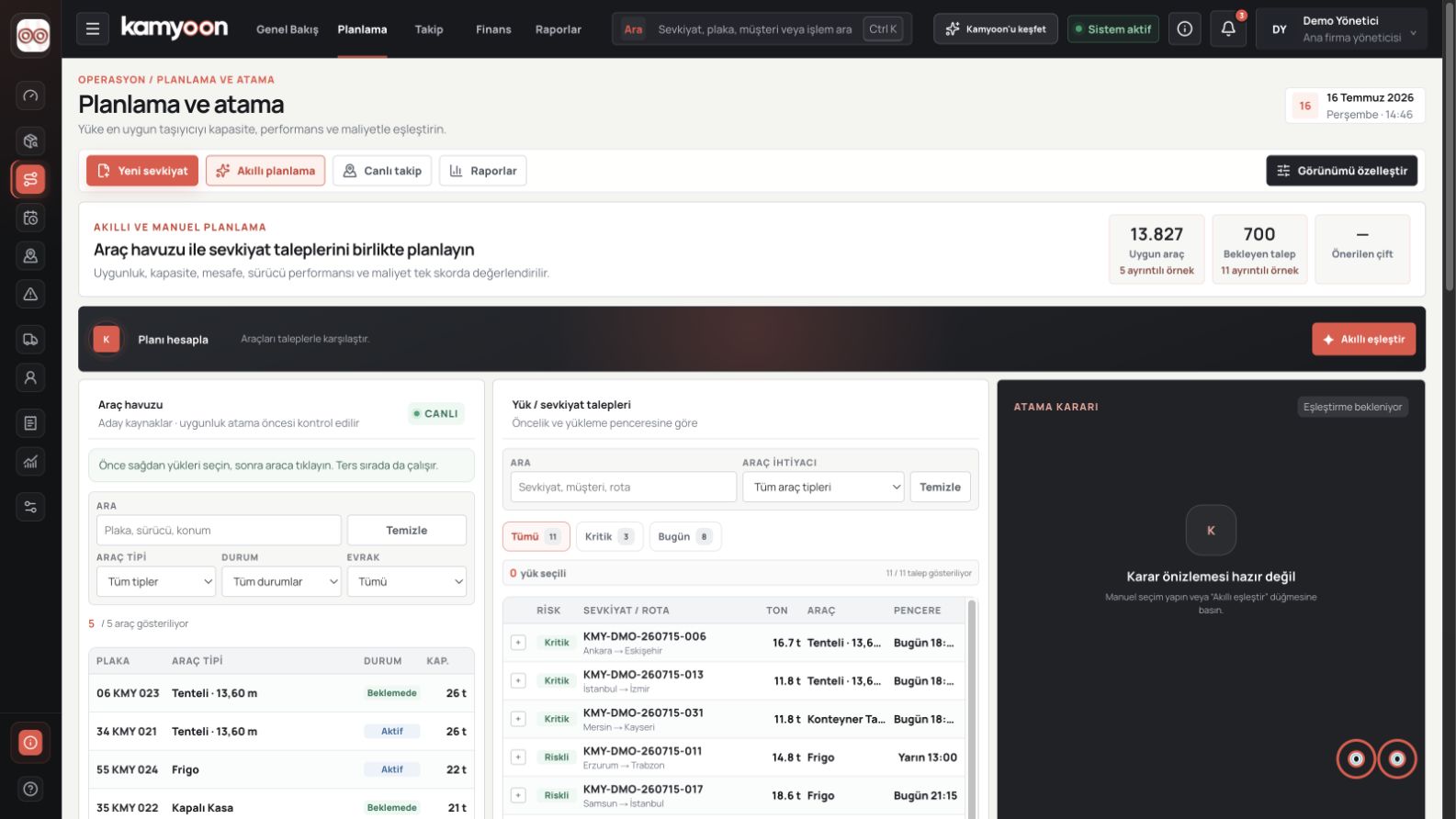 Kamyoon araç tedarik platformunda yük ve araç havuzları