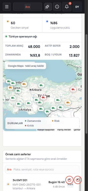 Kamyoon mobil canlı takip haritası ekranı
